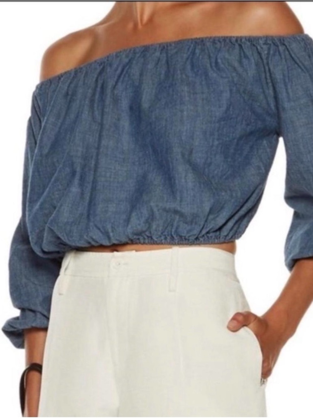 Theory Off-Shoulder Chambray Crop Top in Denim Blue
